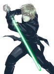  0109_(artist) 1boy bishounen black_cloak blonde_hair blue_eyes cloak closed_mouth commentary_request energy_sword fantasy fighting_stance gloves glowing glowing_sword glowing_weapon holding holding_sword holding_weapon jedi lightsaber looking_at_viewer luke_skywalker male_focus science_fiction serious short_hair simple_background star_wars sword weapon white_background 