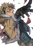  1boy belt belt_pouch black_gloves black_shirt blonde_hair boku_no_hero_academia bomber_jacket brown_jacket brown_pants costume dirty dirty_clothes dirty_face facial_hair facial_mark feathered_wings feathers forked_eyebrows fur-trimmed_jacket fur_trim gloves goatee hawks_(boku_no_hero_academia) headphones high_collar jacket kadeart long_eyebrows male_focus outstretched_hand pants pouch red_feathers red_wings shirt short_hair skin_tight smirk solo striped striped_shirt stubble thick_eyebrows tight tight_shirt toned toned_male twitter_username utility_belt wings yellow_eyes 