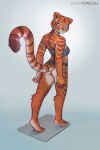  2:3 absurd_res anthro cacuu chest_wraps clothing dreamworks facial_markings female hands_behind_back head_markings hi_res kung_fu_panda looking_back markings master_tigress orange_eyes pawpads rear_view simple_background smile solo tiger_stripes tiptoes tuft underwear wraps yellow_sclera 