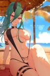  1girl beach breasts cleavage demon_girl demon_horns green_hair hair_between_eyes highres horns large_breasts leaning_back looking_at_viewer nanoless navel original pointy_ears pubic_tattoo red_eyes seductive_smile single_horn sitting skindentation slingshot_swimsuit slit_pupils smile solo swimsuit tattoo thick_thighs thigh_strap thighs 
