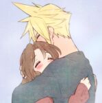  1boy 1girl aerith_gainsborough alternate_costume arms_around_back arms_around_neck bangs blonde_hair blue_background blush brown_hair brown_shirt closed_eyes cloud_strife earrings final_fantasy final_fantasy_vii final_fantasy_vii_remake grey_shirt hair_between_eyes hair_down holding_another&#039;s_head hug jewelry krudears long_sleeves parted_bangs shirt single_earring spiked_hair upper_body 