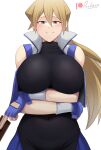 1girl arms_under_breasts black_shirt blonde_hair blue_gloves blush breasts card devilukez duel_academy_uniform_(yu-gi-oh!_gx) fingerless_gloves gloves highres holding holding_card impossible_clothes large_breasts long_hair looking_at_viewer shirt simple_background smile solo tenjouin_asuka white_background yu-gi-oh! yu-gi-oh!_gx 