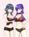  2girls adapted_costume ass_visible_through_thighs bikini blue_eyes blue_hair breasts byleth_(fire_emblem) byleth_(fire_emblem)_(female) cleavage collar detached_collar febakkari fire_emblem fire_emblem:_three_houses fire_emblem_warriors:_three_hopes frown hair_bun hair_over_one_eye hand_on_hip long_hair looking_at_another multiple_girls navel purple_eyes purple_hair shez_(fire_emblem) shez_(fire_emblem)_(female) single_hair_bun stomach swimsuit 