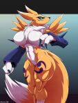  2022 3_fingers abs anthro arskatheman bandai_namco black_nose breasts digimon digimon_(species) digital_media_(artwork) dipstick_ears dipstick_tail featureless_breasts female fingers gradient_background hi_res looking_at_viewer markings multicolored_ears pupils renamon simple_background slit_pupils solo tail_markings 
