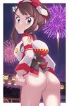  1girl ass border bow_hairband brown_hair closed_mouth commentary_request eyelashes fireworks frown gazing_eye green_eyes hairband highres hilda_(pokemon) jacket looking_back night official_alternate_costume outdoors pikachu poke_ball_print pokemon pokemon_(game) pokemon_masters_ex sidelocks sky solo themed_object white_border white_jacket 