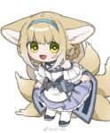  1girl :d animal_ears arknights baiwei_er_hao_ji bare_shoulders black_bag black_footwear black_vest blonde_hair blue_dress braid chibi clothing_cutout dress fox_ears fox_girl fox_tail frilled_dress frills full_body green_eyes grey_hair kitsune long_hair long_sleeves looking_at_viewer lowres multicolored_hair multiple_tails open_mouth oripathy_lesion_(arknights) pouch shoes shoulder_cutout smile solo standing streaked_hair suzuran_(arknights) tail two-tone_dress vest weibo_logo weibo_username white_dress white_pantyhose 