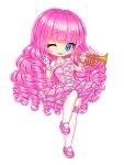  1girl bangs blue_eyes border chibi corset dress frills highres humanization instrument kneehighs mary_janes miniskirt my_little_pony my_little_pony_friendship_is_magic nukababe one_eye_closed pink_dress pink_footwear pink_hair pinkie_pie ringlets shoes short_dress skirt socks solo transparent_background trumpet v 