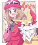  1girl :d blush border braixen brown_hair character_name collared_shirt commentary_request eromame eyewear_on_headwear grey_eyes hands_up happy hat headpat heart high-waist_skirt long_hair looking_at_viewer open_mouth pink_headwear pokemon pokemon_(creature) pokemon_(game) pokemon_xy red_skirt serena_(pokemon) shirt skirt sleeveless sleeveless_shirt smile sunglasses white-framed_eyewear white_border 