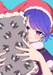  1girl bangs blue_background closed_mouth doremy_sweet e_sdss hat highres holding looking_at_viewer nightcap pillow purple_eyes purple_hair red_headwear short_hair simple_background solo tapir_print touhou upper_body 