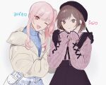  2girls bag bangs beret black_headwear blue_sweater brown_hair character_name character_request grey_background hands_on_own_cheeks hands_on_own_face hat heart highres kushami_deso long_hair long_sleeves looking_at_viewer multiple_girls one_eye_closed open_mouth pink_eyes pink_hair ponytail project_sekai short_hair side_ponytail sidelocks simple_background smile sweater turtleneck turtleneck_sweater 