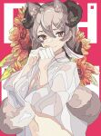  absurdres animal_ears flower highres horns mayuree open_clothes open_shirt original red_eyes sunflower tail wolf_ears wolf_tail 