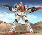  blue_sky cloud cloudy_sky commentary_request day emblem english_text grass ground_gm gun gundam gundam_08th_ms_team highres holding holding_gun holding_shield holding_weapon mecha mikeran_(mikelan) mobile_suit mountainous_horizon no_humans outdoors partial_commentary robot science_fiction shield sky type_61_(gundam) weapon 