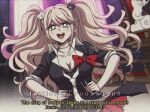  1990s_(style) 1girl :d bangs bear_hair_ornament black_shirt blonde_hair blue_eyes bow breasts cleavage criis-chan danganronpa:_trigger_happy_havoc danganronpa_(series) english_text enoshima_junko hair_ornament hands_on_hips indoors large_breasts long_hair looking_at_viewer monokuma nail_polish necktie red_bow retro_artstyle shiny shiny_hair shirt skirt smile subtitled twintails watermark 