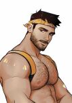  1boy absurdres artist_name bara black_hair chest_hair facial_hair headband highres large_pectorals looking_at_viewer male_focus manly muscular muscular_male nipples original pectorals seupil_hyugo_(spirohugo) short_hair simple_background solo upper_body white_background yellow_headband 