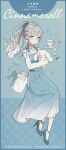  1girl 2022 akakura artist_name bag bangs blue_eyes blue_footwear blue_ribbon character_name cinnamoroll closed_mouth company_name copyright cup dress earrings floating full_body grey_hair hair_ribbon high_heels highres jewelry long_hair long_sleeves looking_at_viewer official_art pom_pom_(clothes) pom_pom_earrings ponytail ribbon sanrio saucer shoulder_bag solo spoon teacup white_bag 