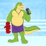  2022 absurd_res alligator alligatorid anthro biped bottomwear boxing_gloves boxing_shorts brok_(character) brok_the_investigator clothing crocodilian green_body handwear hi_res humanoid_hands male reptile scalie shorts slightly_chubby solo temiree video_games 