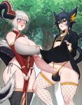  1boy 1girl :3 :d androgynous animal_ears bangs biting black_eyes black_hair black_sclera blunt_bangs breasts cat_boy cat_ears cat_tail cleavage clothes_lift colored_sclera commission erection fishnet_legwear fishnets forest grey_hair highres horns in_(ain) large_breasts large_penis lip_biting nature open_mouth original otoko_no_ko penis penis_awe pointy_ears purple_eyes revealing_clothes skindentation skirt skirt_lift smile tail thick_thighs thighhighs thighs thong tree wide-eyed 