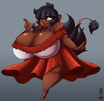  2019 abstract_background absurd_res anthro big_breasts black_hair bovid bovine breasts brown_body brown_fur cattle chibi cleavage clothed clothing curvy_figure digital_drawing_(artwork) digital_media_(artwork) dress eyelashes female fingers fur hair hi_res huge_breasts hyper hyper_breasts lips long_hair long_tail looking_at_viewer mammal mocha_(eikasianspire) one_eye_closed simple_background smile solo superix thick_thighs voluptuous watermark wide_hips wink winking_at_viewer yellow_eyes 