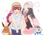  2girls :d bangs beanie black_hair black_shirt blush bracelet braid braided_ponytail brown_headwear busraknongkai chloe_(pokemon) dawn_(pokemon) eevee flower green_eyes grey_eyes grey_shirt hair_flower hair_ornament hairclip hat highres holding_hands jewelry long_hair multiple_girls open_mouth pants pink_flower pink_skirt piplup poke_ball_print pokemon pokemon_(anime) pokemon_(creature) pokemon_journeys poketch shirt skirt sleeveless sleeveless_shirt smile star_(symbol) symbol-only_commentary teeth tongue upper_teeth watch white_headwear wristwatch 