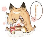  +_+ 1girl animal_ears arknights baiwei_er_hao_ji brown_eyes brown_hair brown_jacket ceobe_(arknights) chinese_text cup_ramen dog_ears fang fork jacket light_blush long_hair long_sleeves open_mouth simple_background solo speech_bubble translation_request upper_body white_background 