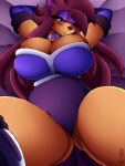  2019 absurd_res anthro bed big_breasts blush breasts choker cleavage clothed clothing curvaceous curvy_figure digital_drawing_(artwork) digital_media_(artwork) eulipotyphlan eyelashes eyeshadow female fur furniture hair hands_behind_head hedgehog heterochromia hi_res hourglass_figure huge_breasts jewelry leotard long_hair lying makeup mammal multicolored_body multicolored_fur necklace on_back on_bed pink_hair purple_body purple_fur simple_background small_waist solo superix tan_body tan_fur thick_thighs two_tone_body two_tone_fur voluptuous watermark wide_hips 