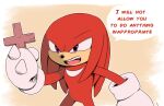  anthro chocomilkamy clothing comic cross dialogue digital_media_(artwork) echidna english_text gloves hair handwear hi_res holding_object knuckles_the_echidna male mammal monotreme pink_eyes red_body red_hair sega simple_background solo sonic_the_hedgehog_(series) speech_bubble text 