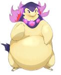  ambiguous_gender anthro belly big_belly feral fur hair hand_on_stomach hi_res hisuian_form hisuian_typhlosion nintendo obese overweight pok&eacute;mon pok&eacute;mon_(species) pok&eacute;mon_legends:_arceus purple_body purple_fur purple_hair regional_form_(pok&eacute;mon) solo video_games yellow_belly yellow_body yellow_fur zephy_03 