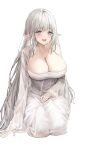  1girl absurdres bangs bare_shoulders blue_eyes breasts cardigan cleavage dress elf highres kneeling large_breasts lillly long_hair off_shoulder original pointy_ears see-through see-through_sleeves smile solo solo_focus white_background white_dress white_hair 