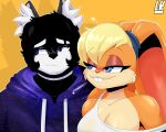  &lt;3 2022 absurd_res anthro blonde_hair blue_eyes breasts buckteeth canid canine canis clothed clothing curvy_figure digital_drawing_(artwork) digital_media_(artwork) duo female fur grey_body grey_fur hair hi_res hoodie lagomorph leporid lobo_(lobokosmico) lobokosmico lola_bunny looking_up looney_tunes male male/female mammal orange_body orange_fur purple_eyes rabbit simple_background smile space_jam teeth topwear warner_brothers white_body white_cloth white_clothing white_fur wolf 