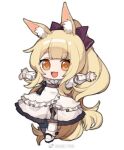  1girl :3 :d animal_ear_fluff animal_ears arknights baiwei_er_hao_ji blemishine_(arknights) blonde_hair bow dress full_body hair_bow horse_ears horse_girl horse_tail long_hair long_sleeves open_mouth orange_eyes outstretched_arms purple_bow shoes sidelocks simple_background smile solo tail very_long_hair weibo_logo weibo_username white_background white_dress white_footwear white_legwear 