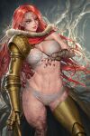  1girl abs blue_eyes bra breasts cape closed_mouth elden_ring holding holding_weapon long_hair malenia_blade_of_miquella mechanical_arms muscular muscular_female navel neoartcore panties prosthesis prosthetic_arm prosthetic_leg red_cape red_hair scar single_mechanical_arm solo sword underwear very_long_hair weapon 