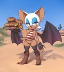  2022 anthro areola big_breasts bikini boots breasts burger chiropteran clothing cowboy_boots cowgirl_outfit female fingerless_gloves flag_bikini food footwear fries gloves handwear hi_res huge_breasts legwear mammal open_mouth plantpenetrator platter rouge_the_bat sega short_stack solo sonic_the_hedgehog_(series) stars_and_stripes stockings swimwear united_states_of_america wings 