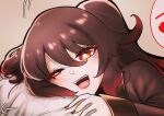  1girl brown_hair closed_eyes genshin_impact ghost hu_tao_(genshin_impact) long_sleeves looking_at_viewer multicolored_hair nail_polish nenana open_mouth pillow red_eyes red_hair smile symbol-shaped_pupils twintails two-tone_hair 