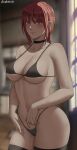  1girl absurdres artist_name bikini black_bikini black_choker black_legwear blurry blurry_background blush braid braided_ponytail breasts chainsaw_man choker cleavage closed_mouth collarbone hair_between_eyes highleg highres indoors large_breasts light_smile looking_at_viewer makima_(chainsaw_man) micro_bikini oroborus red_hair ringed_eyes solo string_bikini swimsuit thighhighs window yellow_eyes 