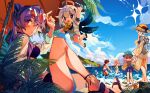  6+girls alternate_costume beach bikini blue_hair blush brown_hair ganyu_(genshin_impact) genshin_impact glasses hat highres horns hu_tao_(genshin_impact) keqing_(genshin_impact) looking_at_viewer mokkun354 multiple_girls paimon_(genshin_impact) pink_hair purple_hair qiqi_(genshin_impact) sitting standing swimsuit white_hair yanfei_(genshin_impact) 