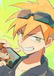  1boy amaya_uw bangs blue_oak collarbone collared_shirt eyewear_on_head gotcha! green_background grin hair_between_eyes hand_up highres holding holding_phone male_focus orange_hair phone pokemon pokemon_(game) pokemon_sm shirt short_hair smile solo sunglasses teeth twitter_username 