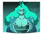  2019 abstract_background absurd_res antennae_(anatomy) anthro bathrobe big_breasts breasts bust_portrait cleavage clothed clothing digital_drawing_(artwork) digital_media_(artwork) female gastropod hair hi_res huge_breasts long_hair looking_at_viewer mollusk portrait robe simple_background smile snail solo superix teal_body teal_eyes teal_hair teal_sclera teal_skin watermark 