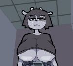  2022 anthro belt big_breasts biped black_clothing black_hair black_nose black_shirt black_topwear bovid breasts caprine clothed clothed_anthro clothed_female clothing digital_media_(artwork) female female_anthro front_view grey_body grey_lips grey_skin hair half-closed_eyes half-length_portrait horn huge_breasts lips mammal narrowed_eyes parappa_the_rapper portrait rammy_lamb sheep shirt solo sony_corporation sony_interactive_entertainment toedi topwear um_jammer_lammy under_boob video_games white_horn 