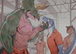  2022 anthro ceratopsian dinosaur hi_res k0bit0wani male muscular muscular_male orange_jumpsuit ornithischian prison prisoner reptile scalie scar size_difference triceratops 