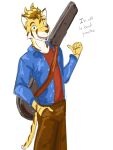  3:4 alternate_species anthro bottomwear clothed clothing dialogue english_text felid fully_clothed furrification fuze guitar_case hand_in_pocket hi_res male mammal pantherine pants pockets sam_(stardew_valley) shirt simple_background solo stardew_valley text tiger topwear white_background 