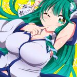 1girl arm_up armpits bangs blush breasts bwell cleavage closed_mouth collared_shirt commentary_request dutch_angle finger_to_mouth frog_hair_ornament green_eyes green_hair hair_ornament hair_tubes highres kochiya_sanae large_breasts long_hair looking_at_viewer ofuda one_eye_closed shirt single_sidelock sleeveless sleeveless_shirt smile snake_hair_ornament solo star-shaped_pupils star_(symbol) symbol-shaped_pupils touhou upper_body white_shirt yellow_background 