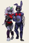  animatronic anthro bottomwear bow_tie bracelet broken button_(fastener) canid canine canis choker clothing cracks duo e4hargus ear_piercing exposed_endoskeleton female five_nights_at_freddy&#039;s five_nights_at_freddy&#039;s:_security_breach five_nights_at_freddy&#039;s_2 grey_body hair hi_res holding_arm hotpants jewelry lagomorph leg_warmers legwear leporid lipstick long_hair looking_at_another machine makeup male male/female mammal metallic_body midriff necklace oil piercing purple_body rabbit red_eyes robot roxanne_wolf_(fnaf) scottgames shorts shoulder_pads thick_thighs video_games wide_hips wire withered_bonnie_(fnaf) wolf 