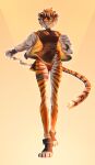  2022 4_toes absurd_res anthro arknights asian_clothing black_body breasts clothing feet felid female full-length_portrait fur hair hi_res holding_knife holding_object hypergryph knife looking_at_viewer mammal multicolored_body multicolored_fur multicolored_hair orange_body orange_fur orange_hair pantherine portrait samsam solo studio_montagne tiger toes video_games waaifu_(arknights) white_body white_fur white_hair 