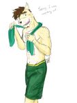  alex_(stardew_valley) alternate_species anthro bottomwear clothed clothing dialogue english_text furrification fuze hi_res looking_at_viewer male shorts simple_background solo stardew_valley talking_to_viewer text topless towel towel_around_neck unknown_species white_background 