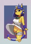  2022 absurd_res accessory animal_crossing ankha_(animal_crossing) anthro blue_hair blue_markings blush bottomless breasts clothed clothing digital_media_(artwork) domestic_cat egyptian_clothing felid feline felis female genitals gold_(metal) gold_jewelry hair hair_accessory hi_res jewelry looking_down_at_viewer mammal markings navel neutral_expression nintendo no_underwear paws pussy shaded short_hair shoulderless_dress simple_background slient_silent solo upskirt video_games wardrobe_malfunction yellow_body 