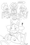  absurd_res anthro cinderace dialogue eating female food hi_res lucario male monochrome mr_fuwa nintendo pok&eacute;mon pok&eacute;mon_(species) praying question_mark simple_background video_games 