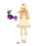  1girl bangs blonde_hair braid collared_dress commentary_request cosmog crying dress flower full_body hands_up highres holding holding_flower kneehighs lillie_(pokemon) long_hair petals pokemon pokemon_(creature) pokemon_(game) pokemon_sm red_flower sad sarami_(sa_rami30) shoes simple_background sleeveless sleeveless_dress standing tears twin_braids white_background white_dress white_legwear 