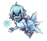  1girl ahoge blue_hair blue_skin colored_skin commentary english_commentary flat_chest flocko ice looking_at_viewer monster_girl nipples nude nyong_nyong personification reference_inset sharp_teeth short_hair simple_background snowflakes solo teeth terraria white_background 
