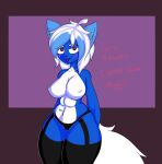  anthro big_breasts black_nose blue_body blue_fur blush breasts clothing curvy_figure digital_media_(artwork) domestic_cat felid feline felis female fur garter_straps hair hi_res legwear lingerie looking_at_viewer mammal mikho_(artist) mostly_nude multicolored_body nalgasconmermelada purple_eyes red_eyes simple_background smile solo tamane_(mikho) thick_thighs tongue tongue_out two_tone_body white_body white_fur white_hair 