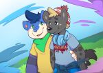  anthro bandana_on_neck bluechubbywolf blush calahoo_(calahootheyeen) canid canine canis domestic_dog duo friends headphones headphones_around_neck hi_res hyaenid hybrid male male/male mammal shiba_inu slightly_chubby spitz wolf zeike_(bluechubbywolf) 